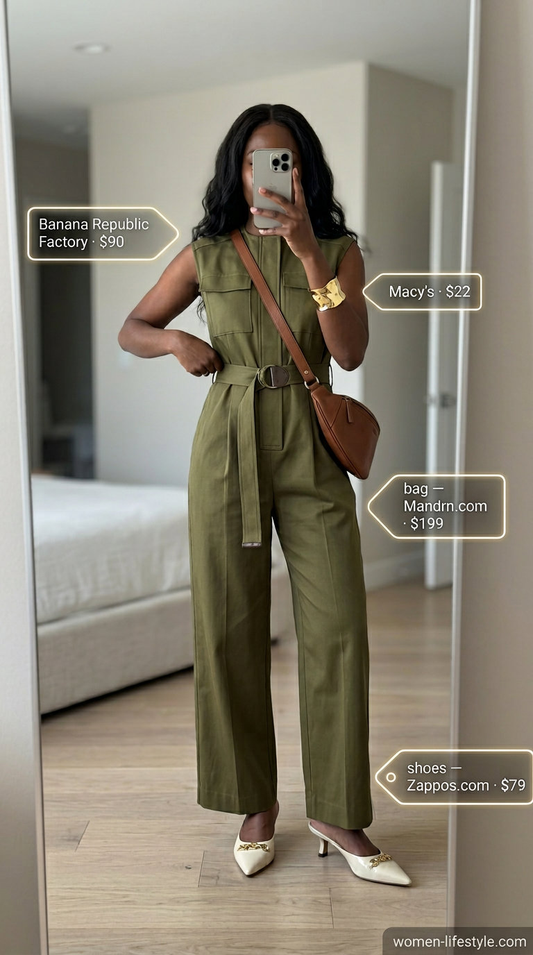 Tailored quiet luxury summer outfit: Olive green utility jumpsuit, tan belt bag, ivory mules. Modern evening look.