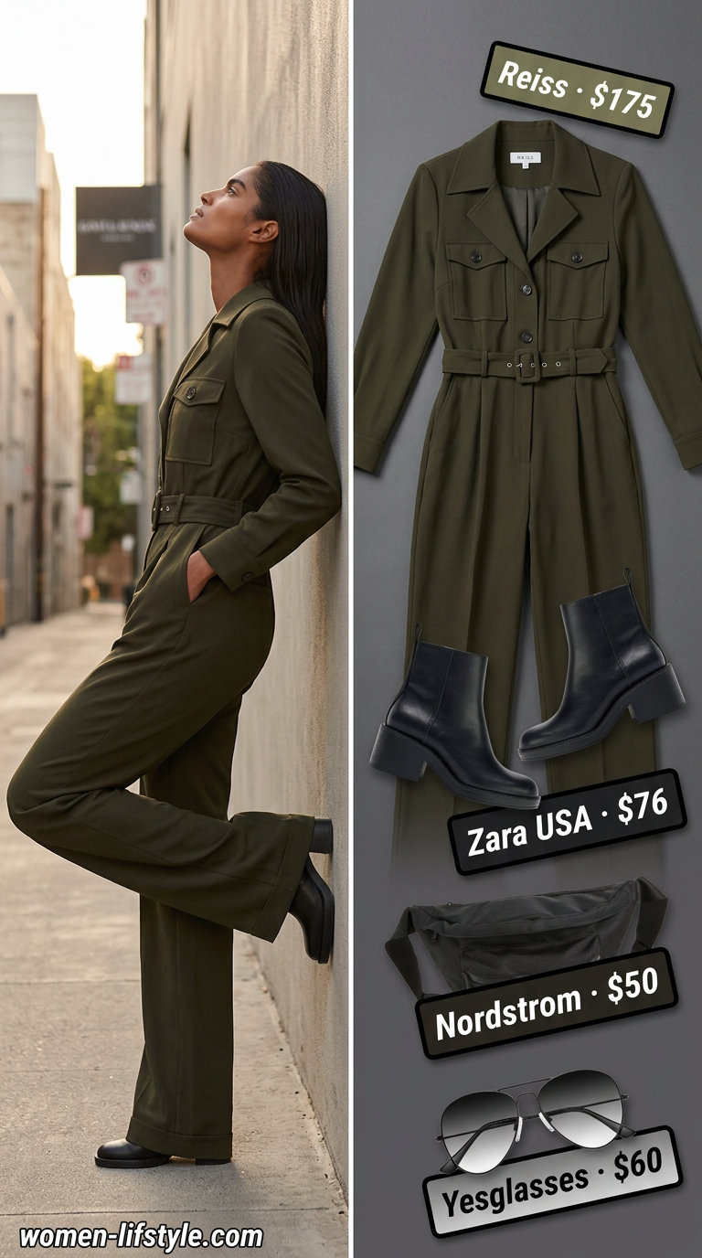 Olive green utility jumpsuit with black accessories for tailored quiet luxury summer outfits for women 2026.