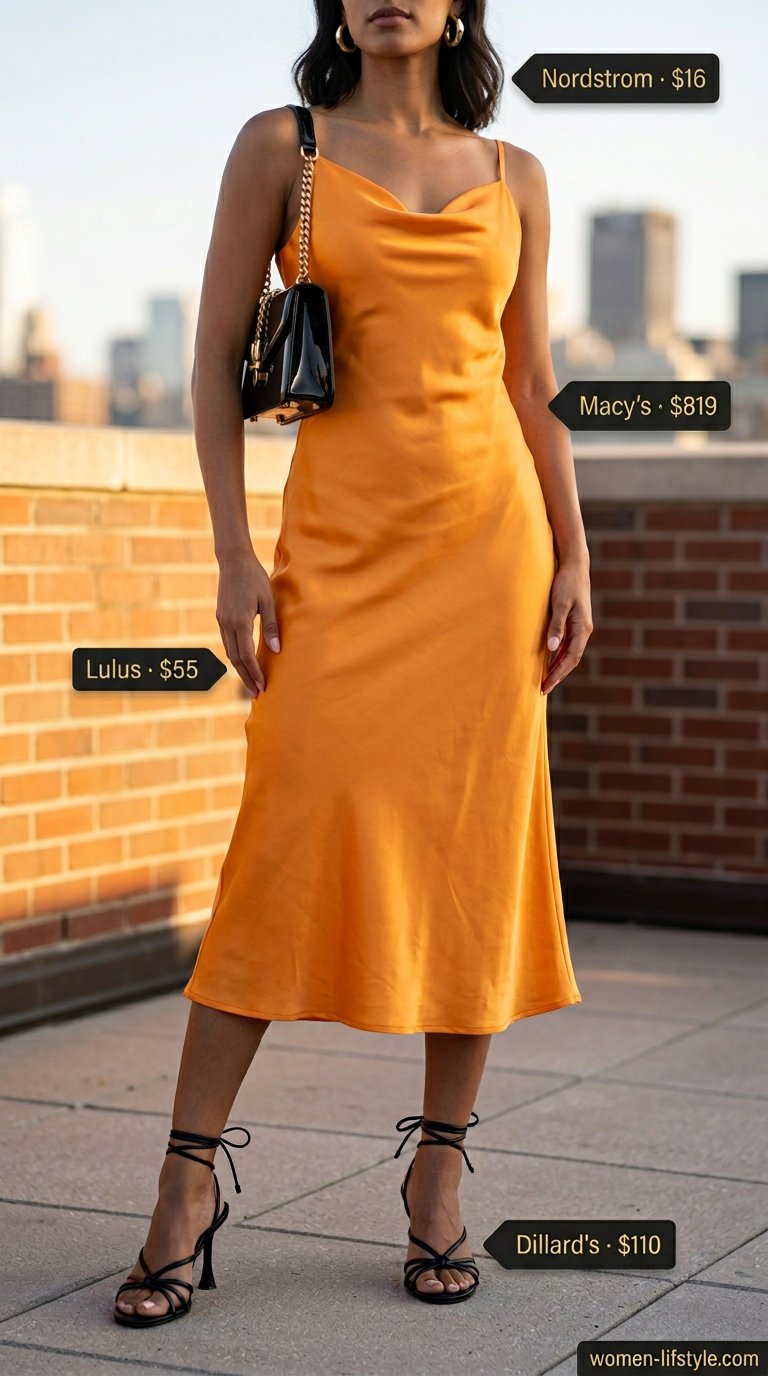 Tailored quiet luxury summer outfit: Mango orange silk slip dress, black heels, gold hoops. Sophisticated for date night.