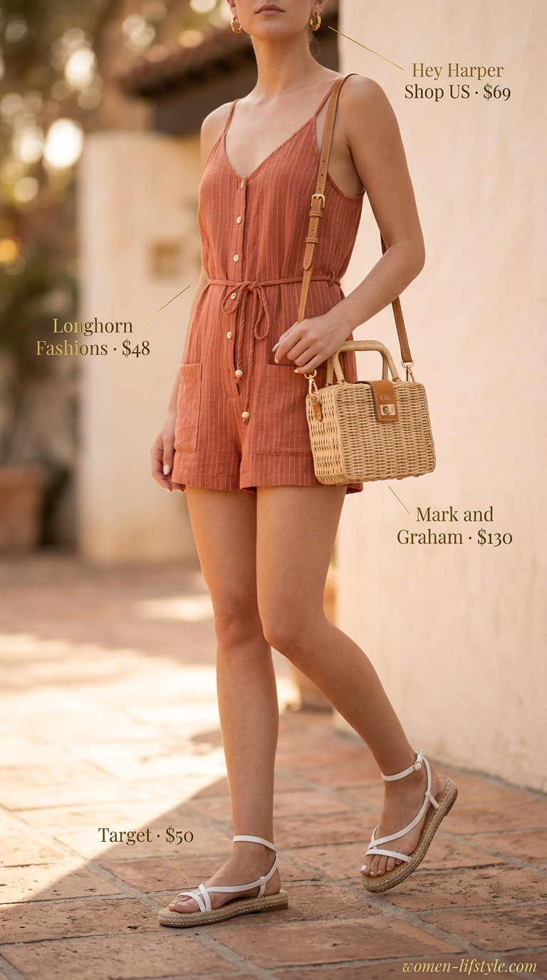 Tailored quiet luxury summer outfit: Terracotta linen romper, cream espadrilles, gold hoops. Perfect for resort wear.