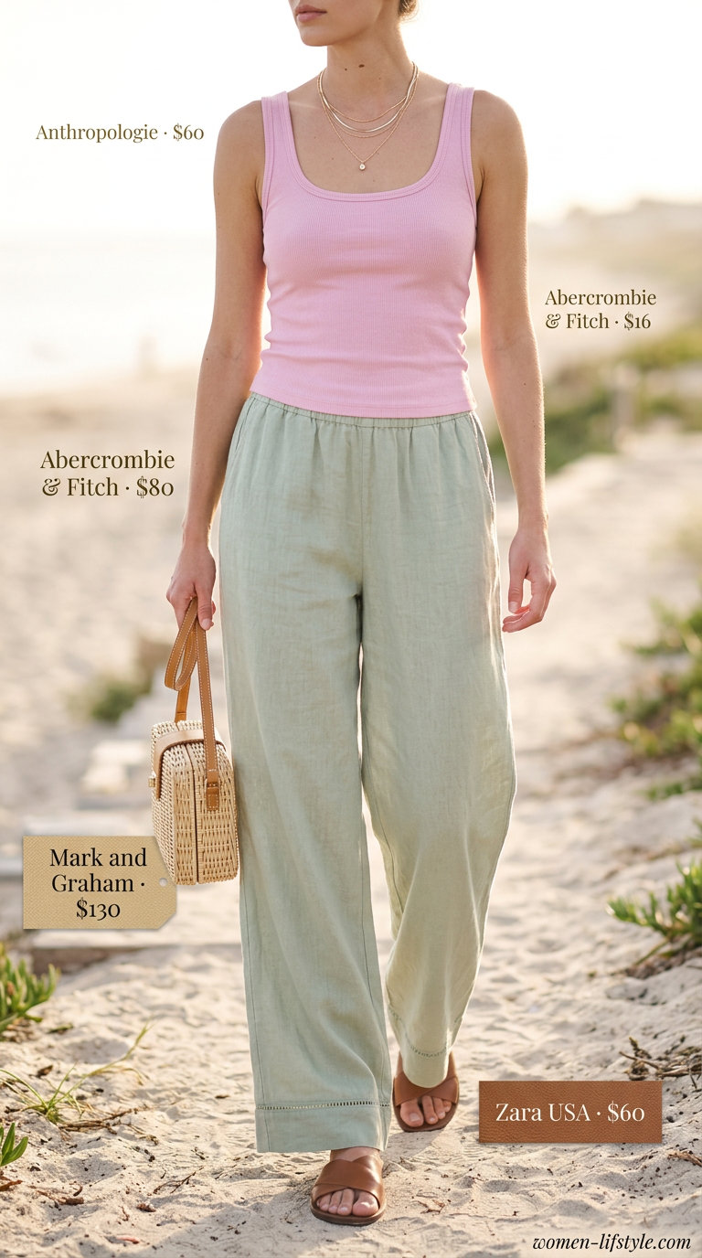 Tailored quiet luxury summer outfit: Sage green linen pants, cream tank, tan sandals. Effortless chic for errands.