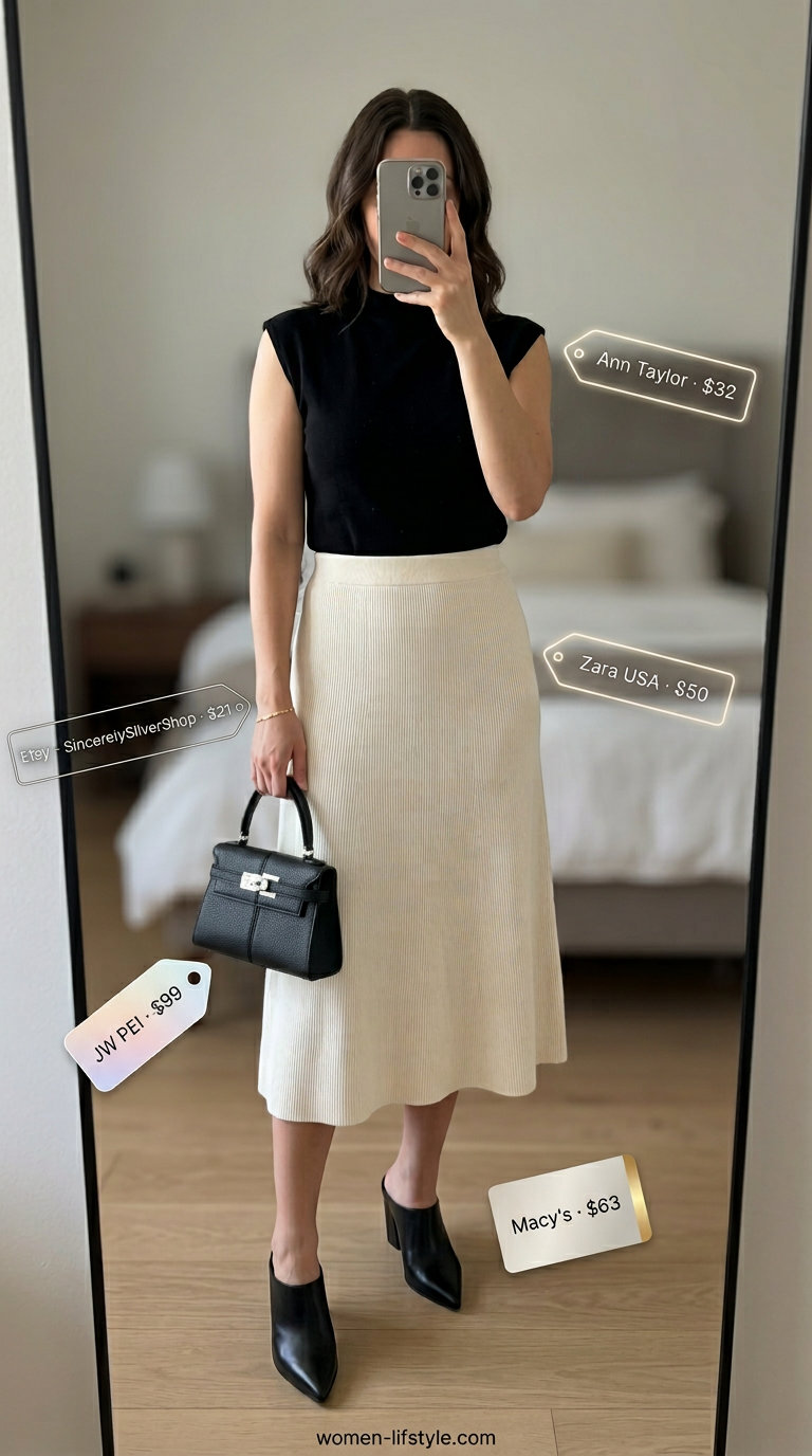 Tailored quiet luxury summer outfit: Cream knit midi skirt, black fitted top, black mules, structured bag. Elegant and refined.
