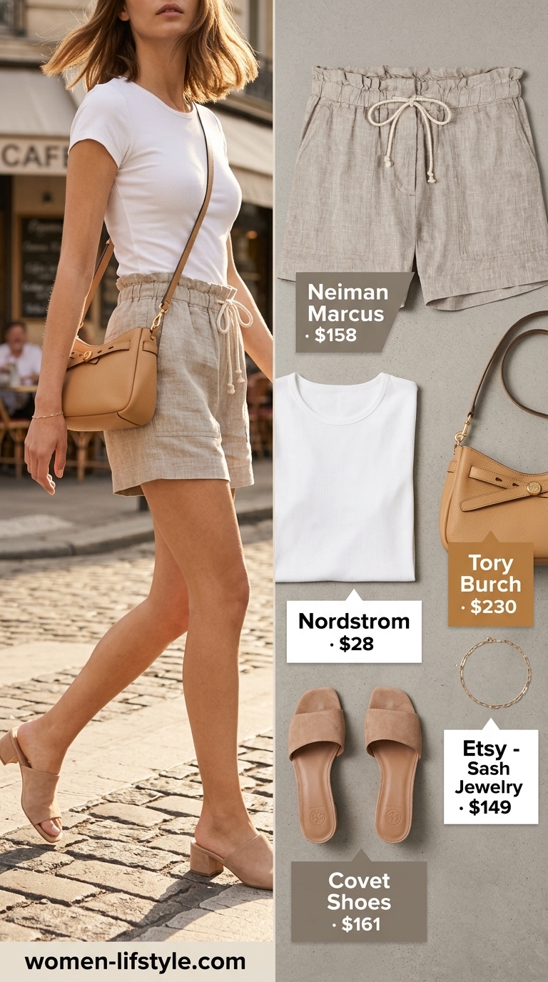 Stone grey linen shorts and white top for tailored quiet luxury summer outfits for women 2026.