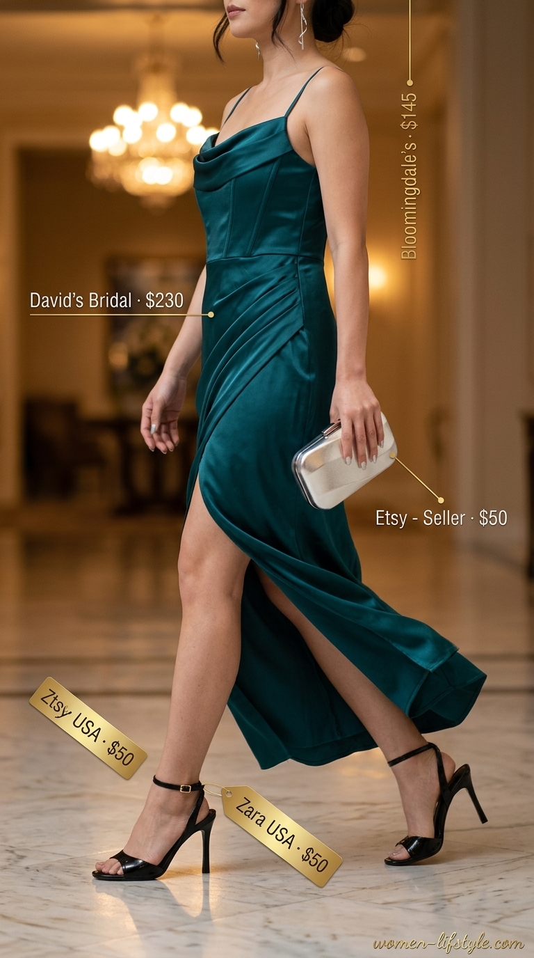 Teal silk slip dress with silver accessories for tailored quiet luxury summer outfits for women 2026.