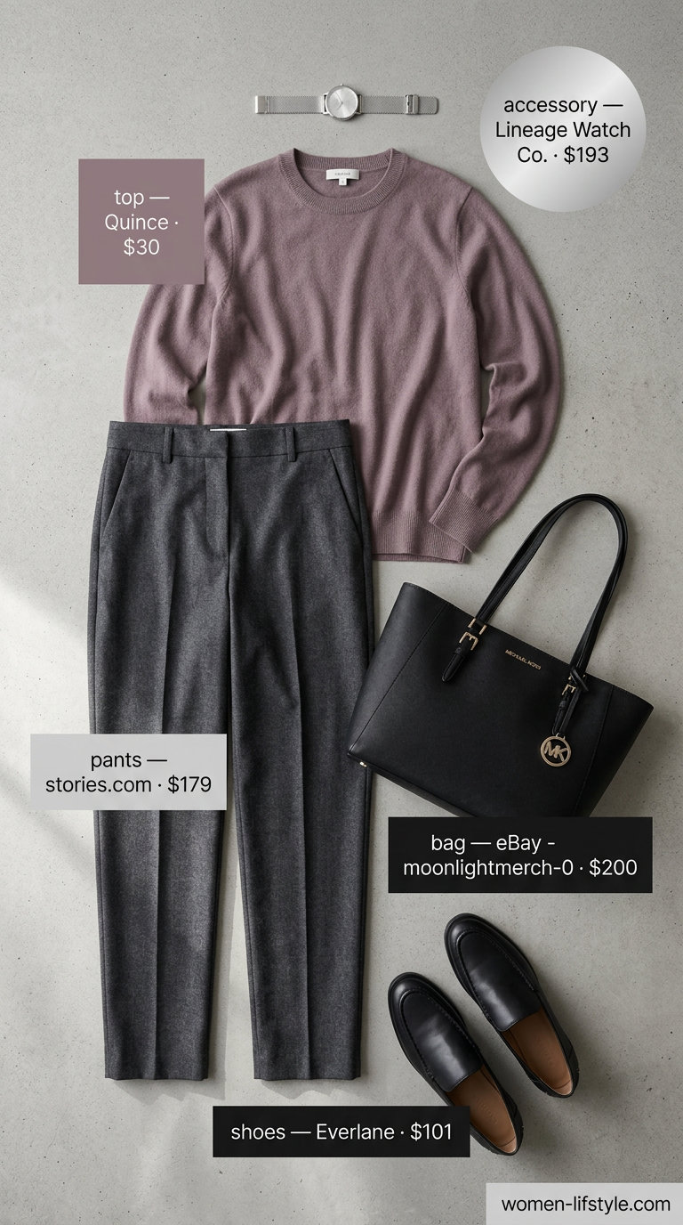 Tailored quiet luxury summer outfit: Grey cashmere sweater, light grey trousers, black loafers, structured tote. Sophisticated comfort.