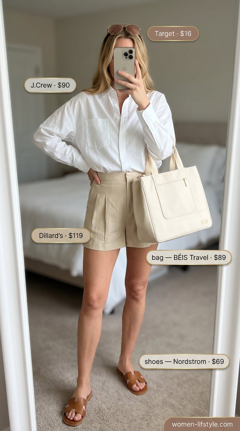 Tailored quiet luxury summer outfit: White linen shorts, oversized shirt, beige tote. Relaxed vacation vibe.