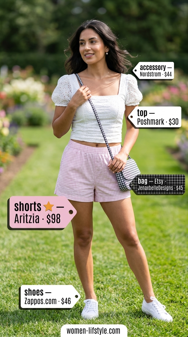 Pastel pink tailored shorts outfit for women 2026: eyelet top, gingham bag, sneakers.