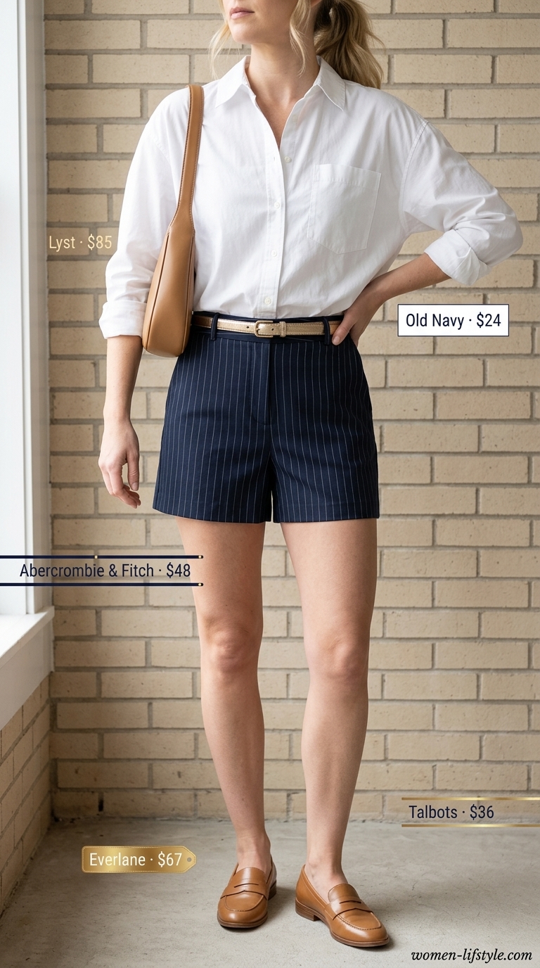 Navy pinstripe tailored shorts outfit for women 2026: white shirt, loafers, leather bag.