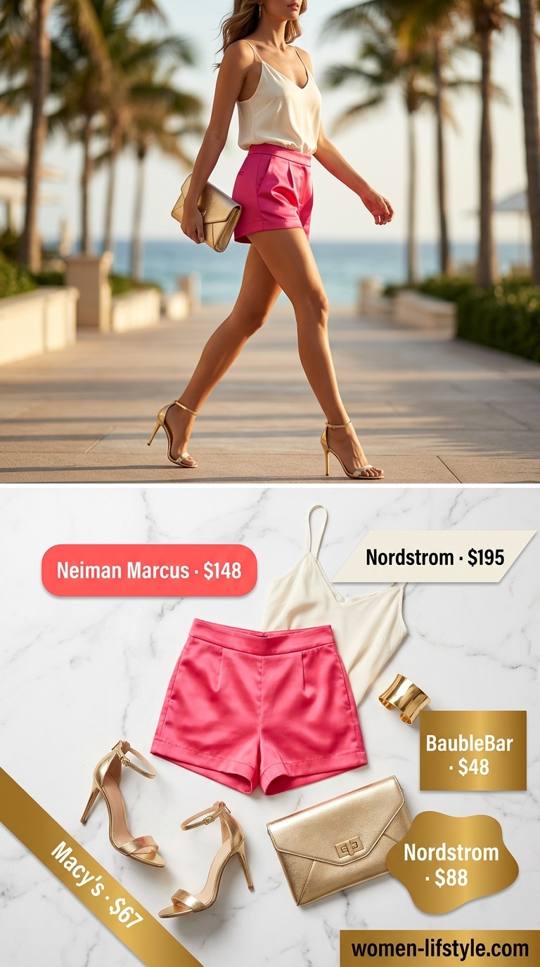 Hot pink tailored shorts outfit for women 2026: silk camisole, gold clutch, metallic sandals.