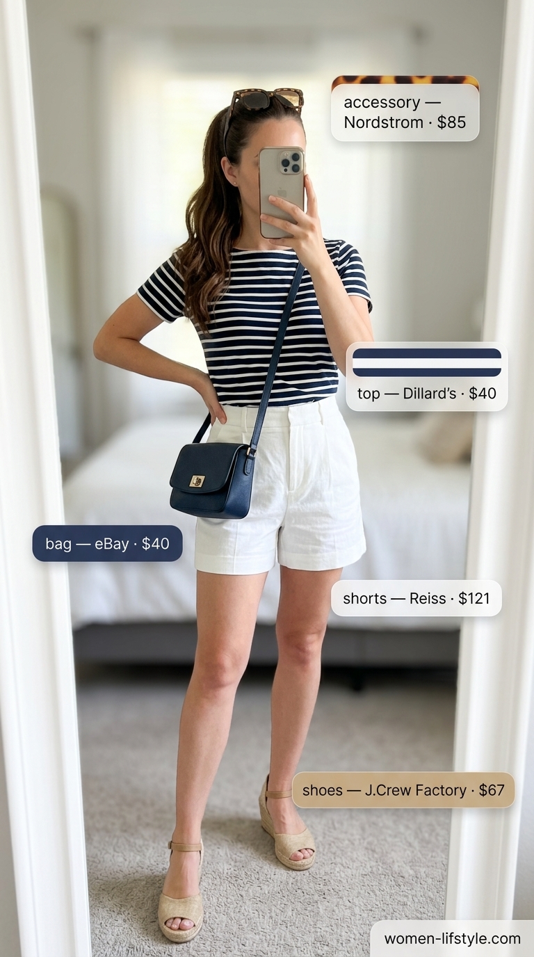 White tailored shorts outfit for women 2026: striped top, crossbody bag, wedge espadrilles.