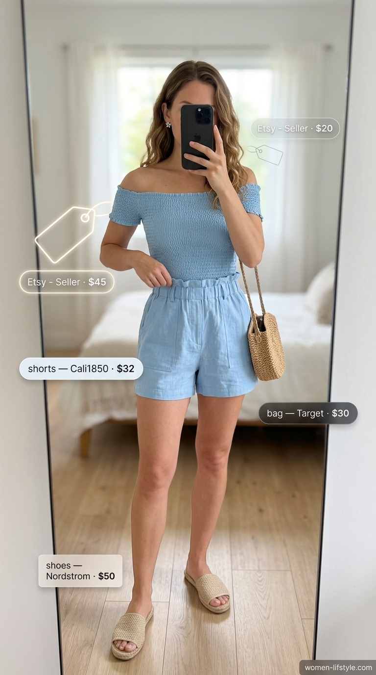 Sky blue tailored shorts outfit for women 2026: off-shoulder top, espadrilles, straw bag.