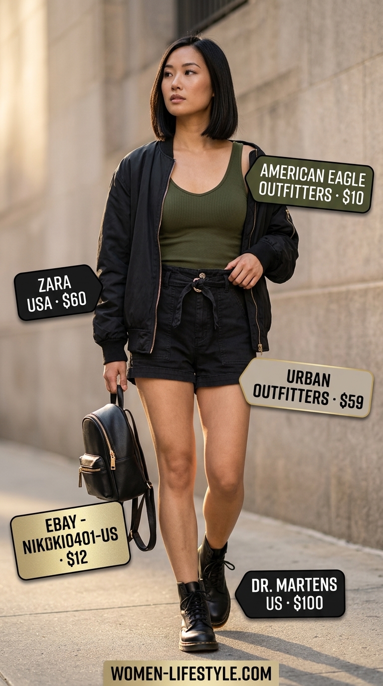 Olive green tailored shorts outfit for women 2026: black tank, bomber jacket, combat boots.