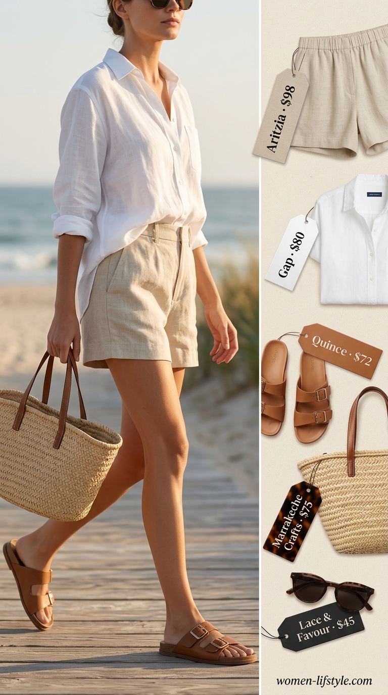 Beige tailored shorts, sky blue linen shirt, white sandals, straw tote. Breezy summer outfits for women 2026.
