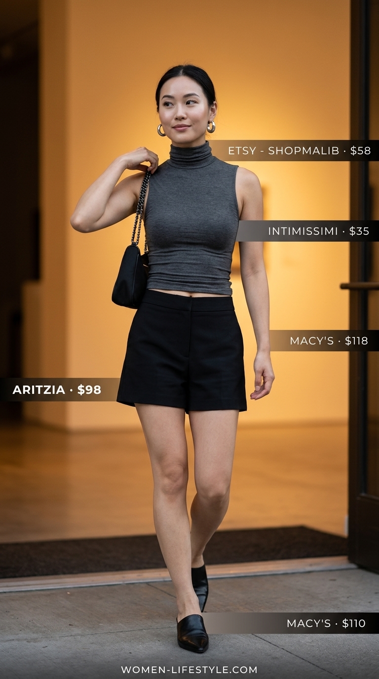 Charcoal tailored shorts, black turtleneck top, black mules, silver hoops. Edgy summer outfits for women 2026.