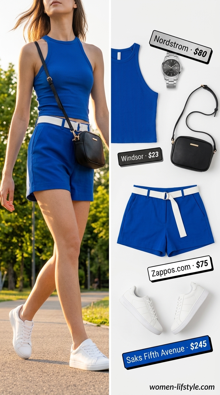 Cobalt blue tailored shorts outfit for women summer 2026 with white tank, sneakers & sporty watch.