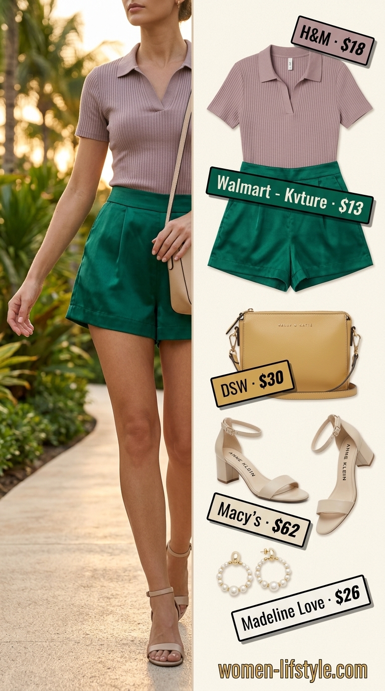 Emerald green tailored shorts, cream knit polo, gold sandals & bag. Retro resort glam summer outfits for women 2026.