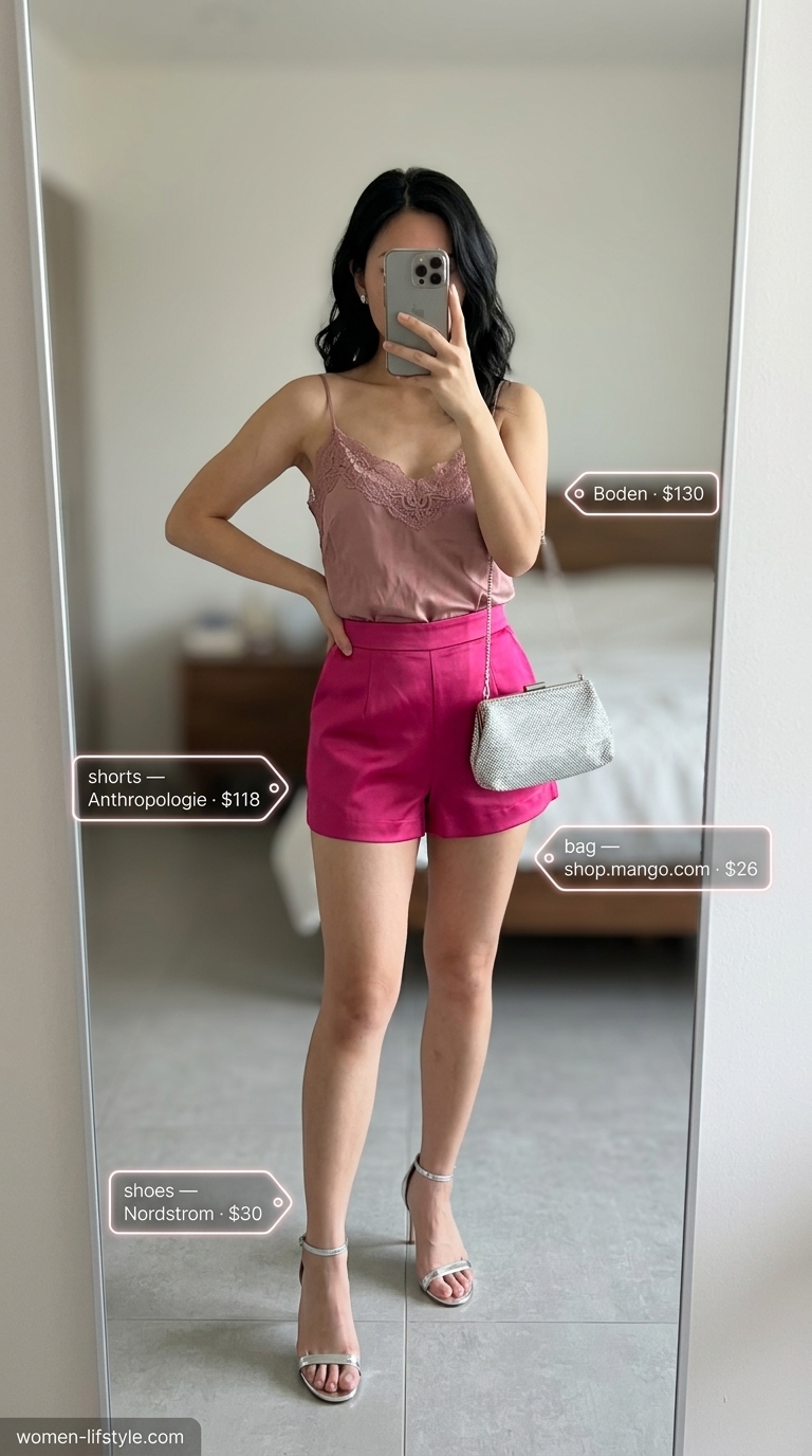 Fuchsia pink satin tailored shorts outfit for women summer 2026 date night with white lace cami & silver heels.
