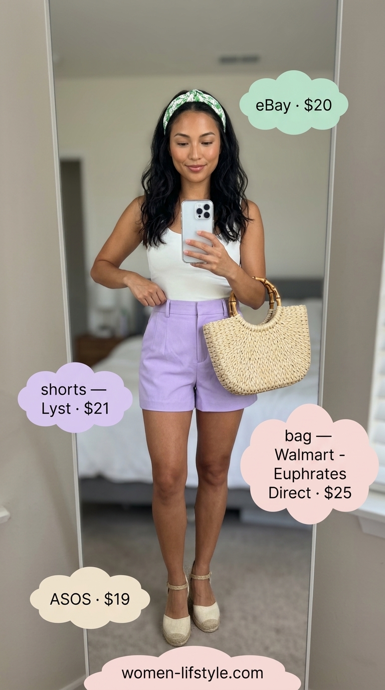 Lavender tailored shorts outfit for women summer 2026 with off-shoulder blouse & straw bag for garden party.