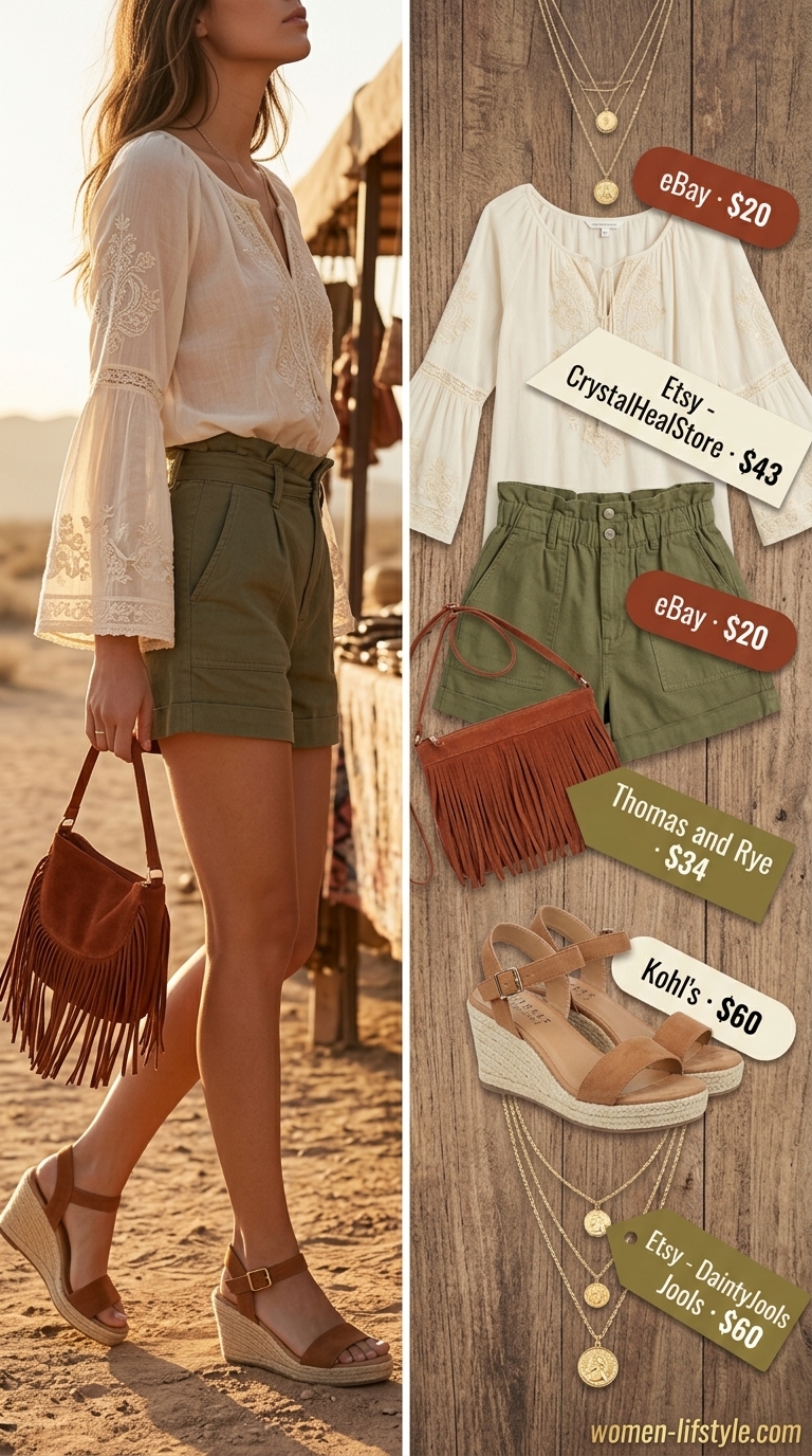 Olive green tailored shorts, cream peasant blouse, suede wedges, fringe bag. Bohemian summer outfits for women 2026.