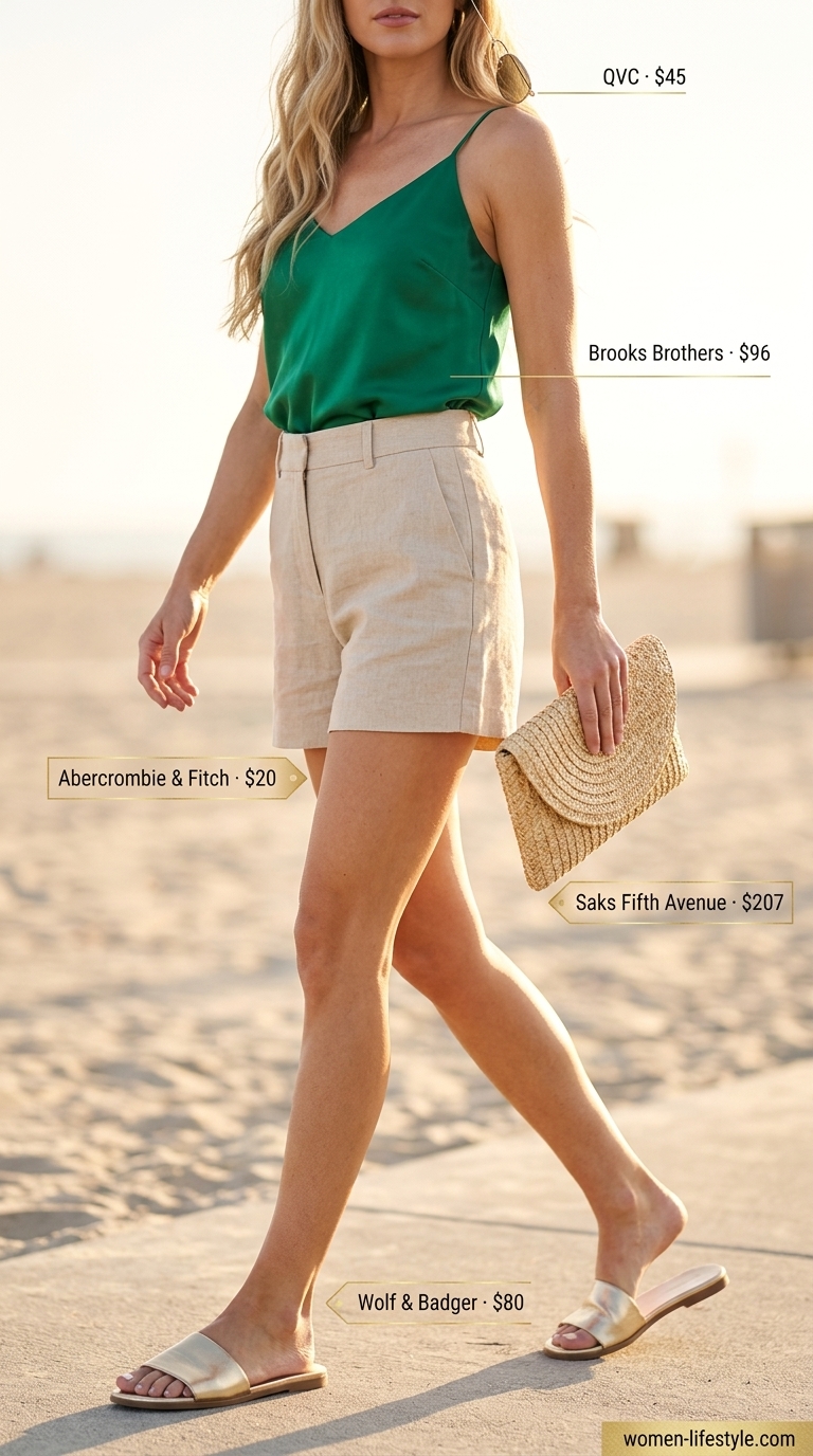 White tailored shorts outfit for women summer 2026 with emerald green camisole & gold sandals for resort wear.