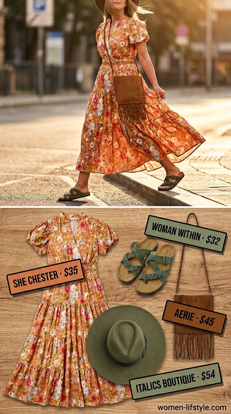 Boho Chic Tiered Maxi Dress 2026 Boho chic tiered summer flowy maxi dress 2026 in terracotta with floral print, styled with flat sandals and a wide-brim hat.