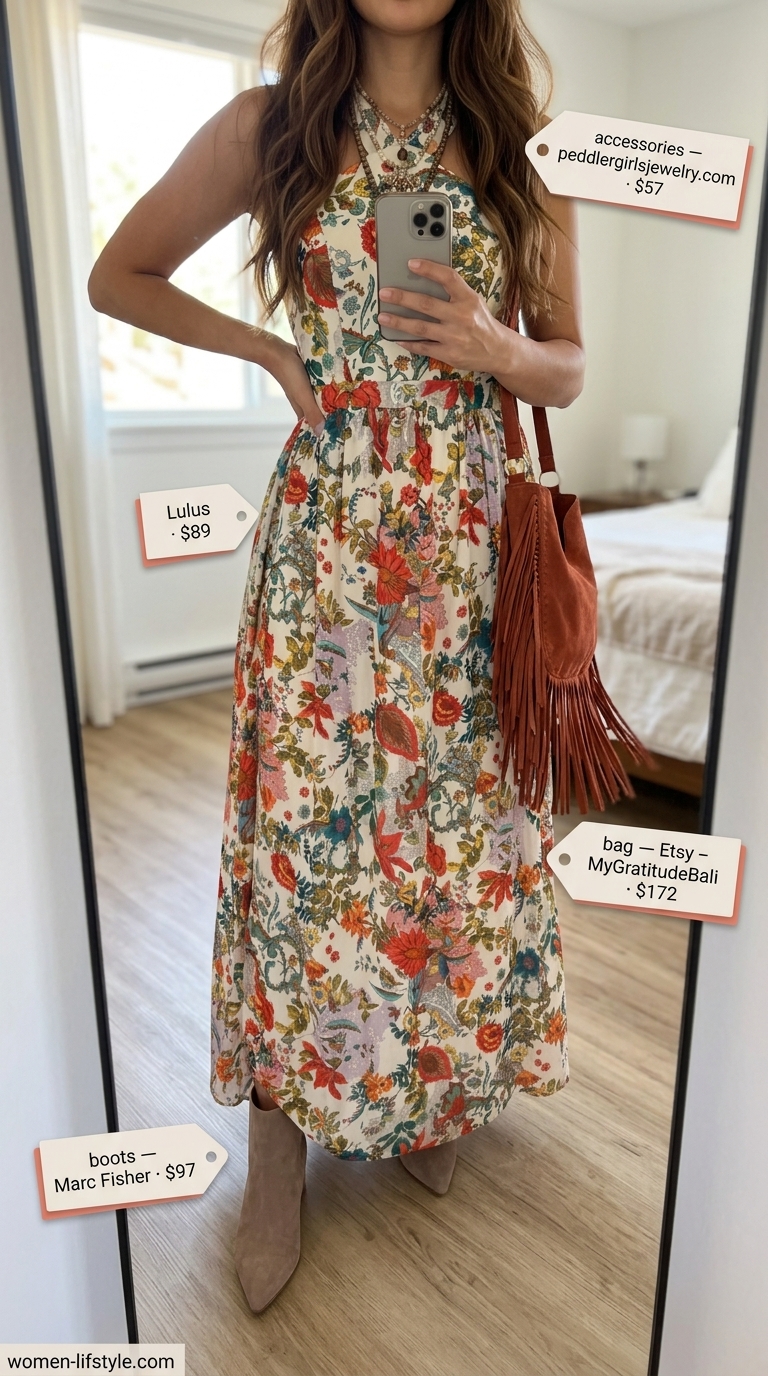 Boho Floral Tiered Maxi Dress 2026 Boho chic floral print tiered summer flowy maxi dress 2026 with suede boots and fringe bag.