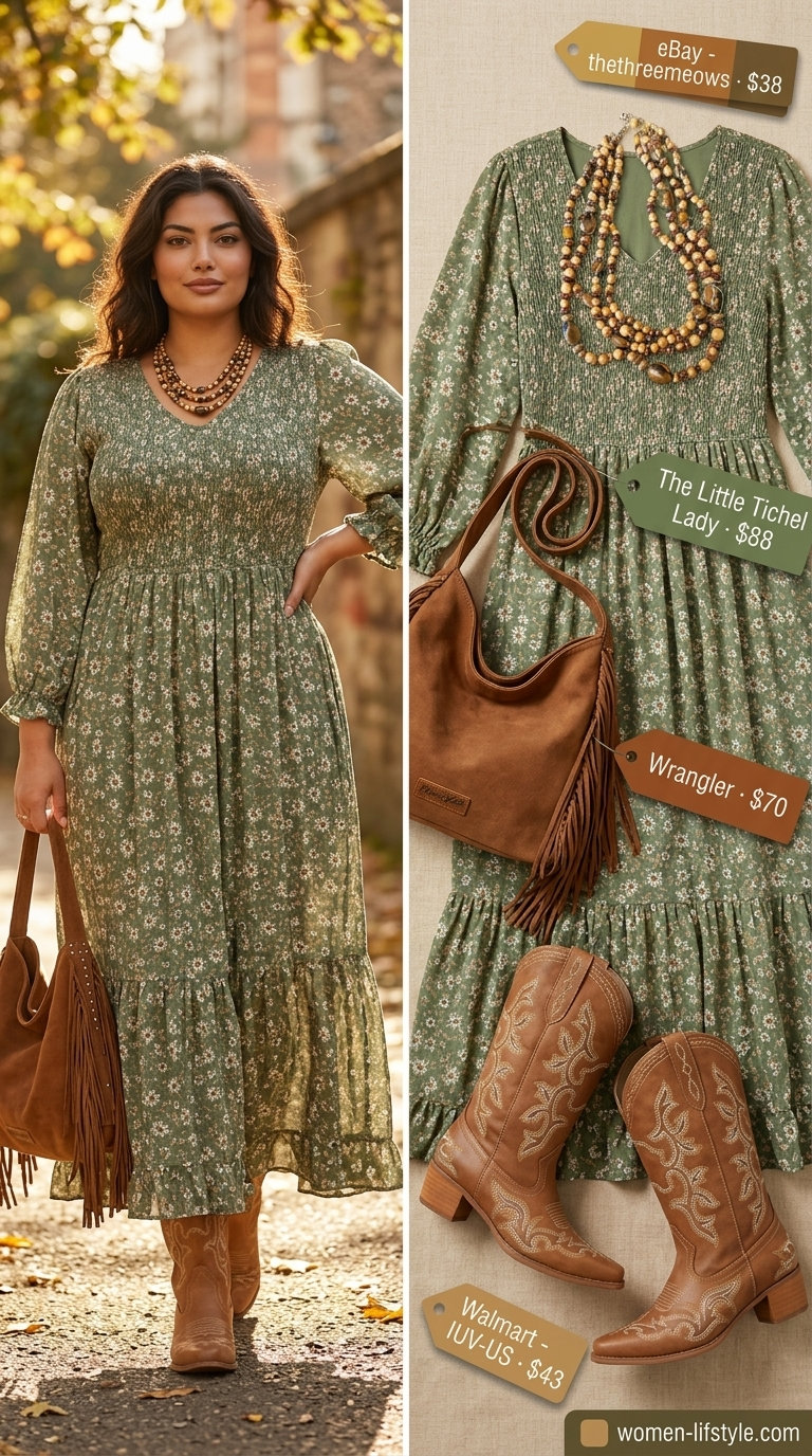 Boho Tiered Summer Maxi Dress 2026 Boho Rhapsody tiered summer flowy maxi dress 2026 in olive green with cream floral print. Styled with layered necklaces and cowgirl boots.