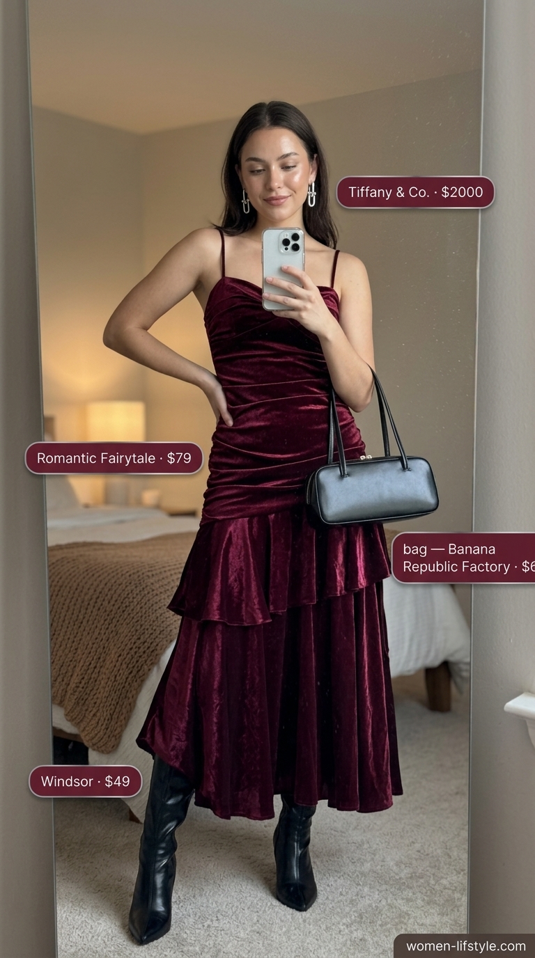 Burgundy Velvet Maxi Dress 2026 | Autumn Evening Glam Burgundy velvet tiered summer flowy maxi dress 2026 for autumn evenings with heeled boots and statement earrings.