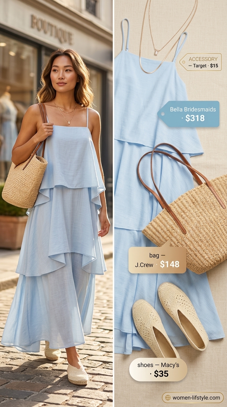 Sky Blue Beach Tiered Maxi Dress 2026 Sky blue tiered summer flowy maxi dress 2026 for beach days with espadrilles and straw tote.