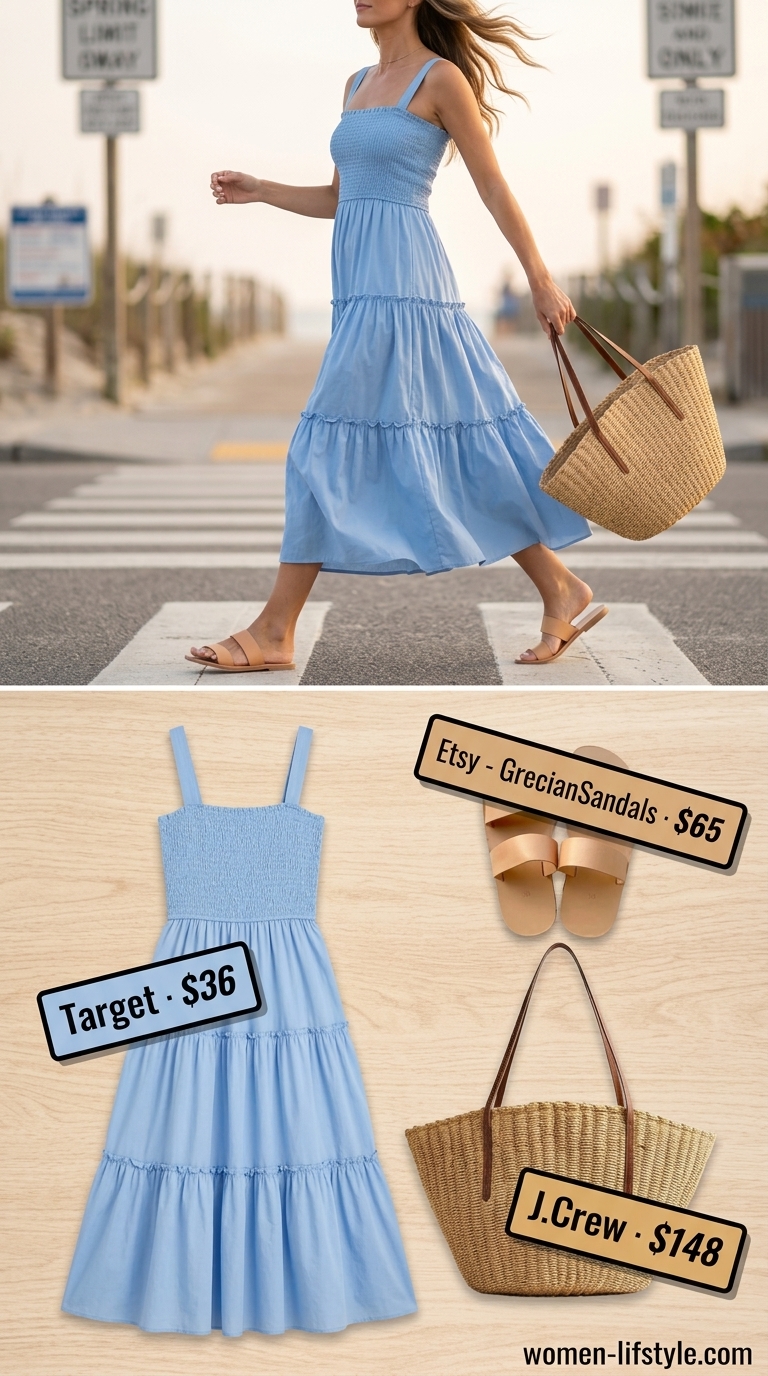 Coastal Blue Tiered Maxi Dress 2026 Sky blue tiered summer flowy maxi dress 2026 for beach days with straw tote and leather slides.