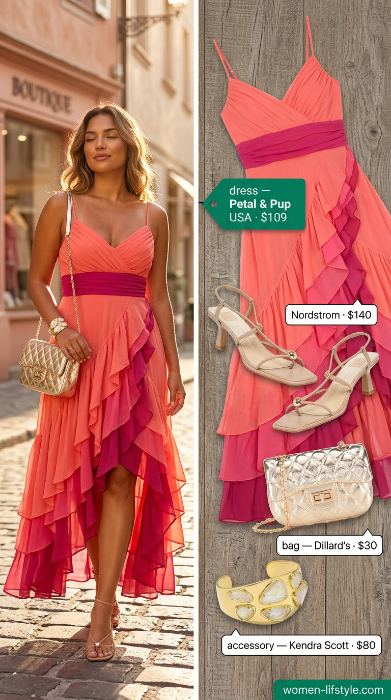 Coral Maxi Dress 2026 | Glamorous Evening Event Coral satin tiered summer flowy maxi dress 2026 for evening events with heeled sandals and gold accessories.