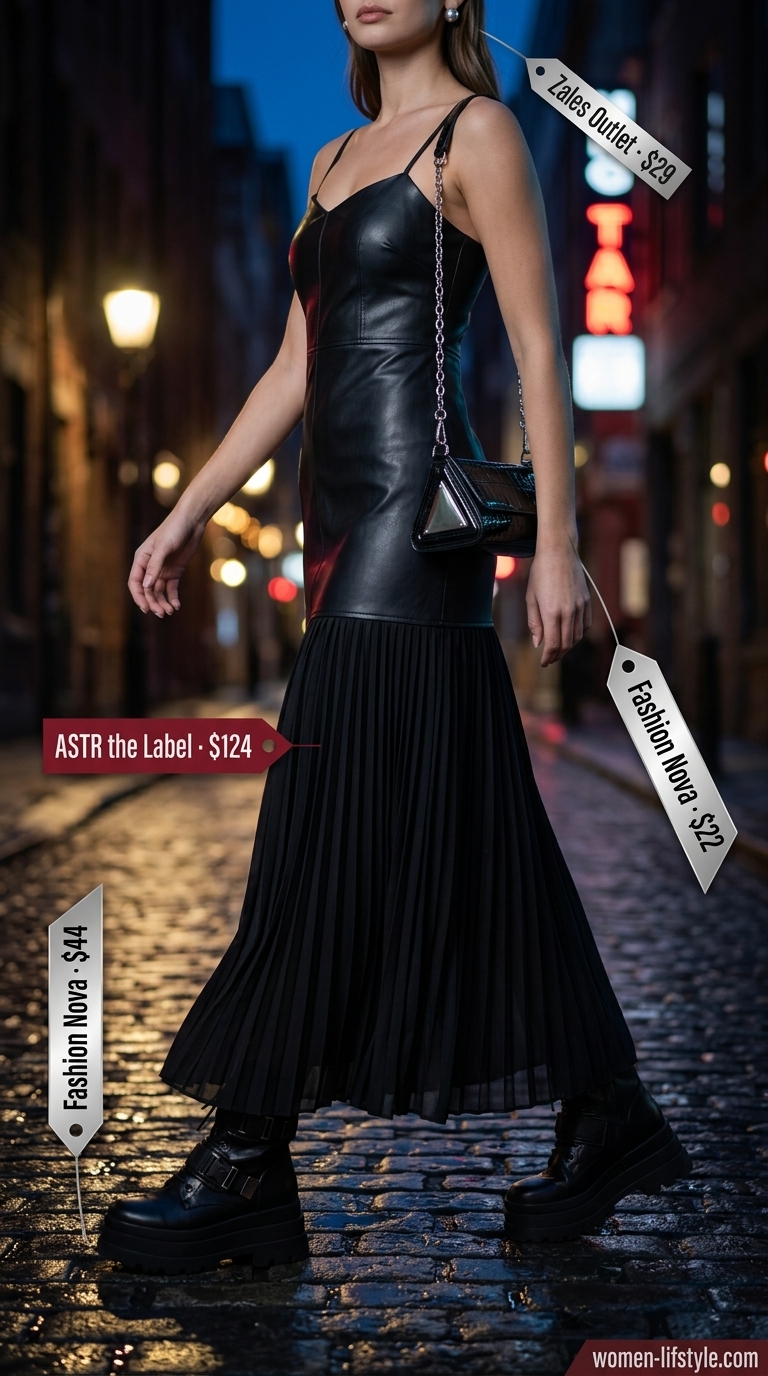 Edgy black faux leather tiered summer flowy maxi dress 2026 with combat boots for night out.