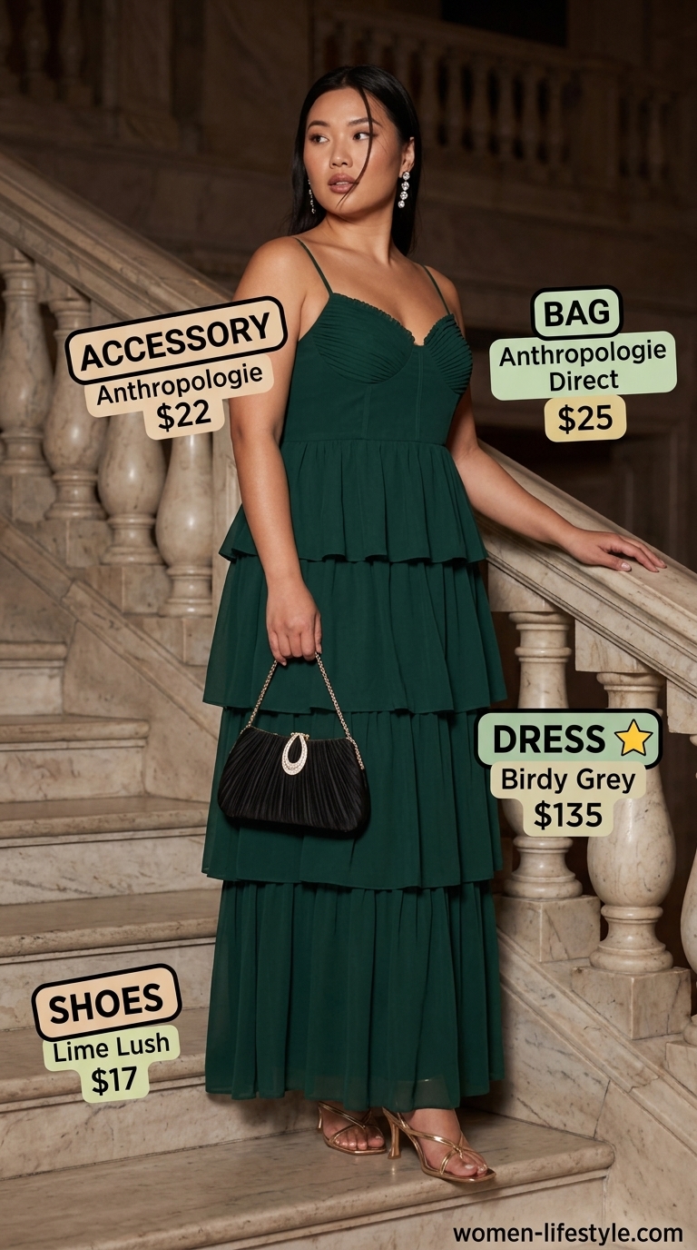Emerald Green Formal Maxi Dress 2026 Glamorous emerald green tiered summer flowy maxi dress 2026 for formal events, paired with gold heels and crystal earrings.