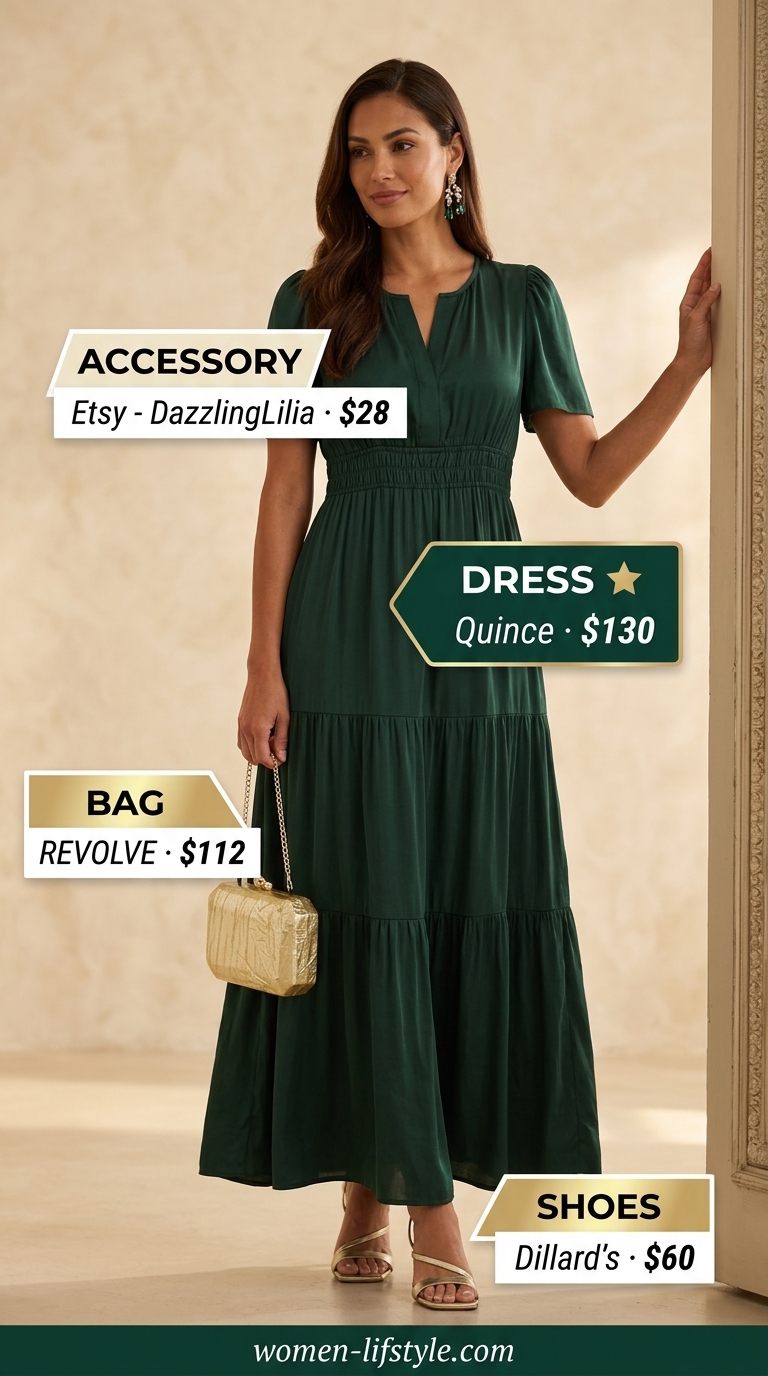Emerald Green Maxi Dress 2026 | Elegant Wedding Guest Emerald green silk tiered summer flowy maxi dress 2026 for wedding guest with gold heeled sandals and clutch.