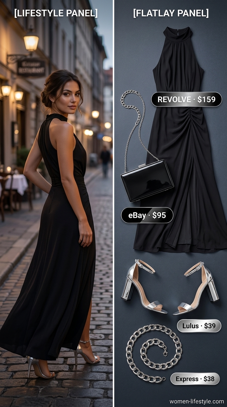 Chic Black Maxi Dress for Evening 2026 Chic black tiered summer flowy maxi dress 2026 for evening events, with chunky silver necklace and strappy silver heels.