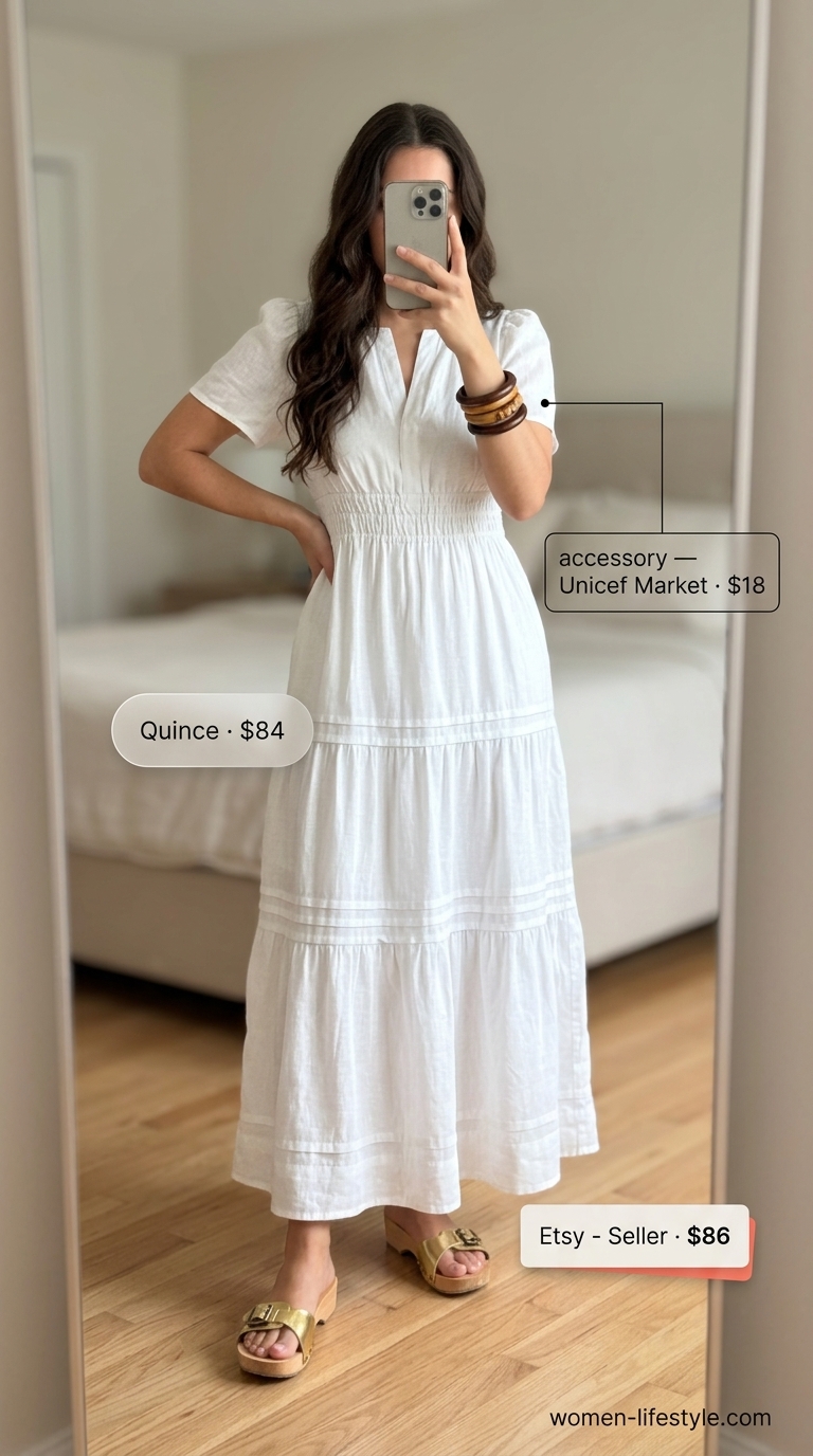 Chic White Tiered Maxi Dress 2026 Monochromatic linen tiered summer flowy maxi dress 2026 in white with wooden sandals and straw tote.