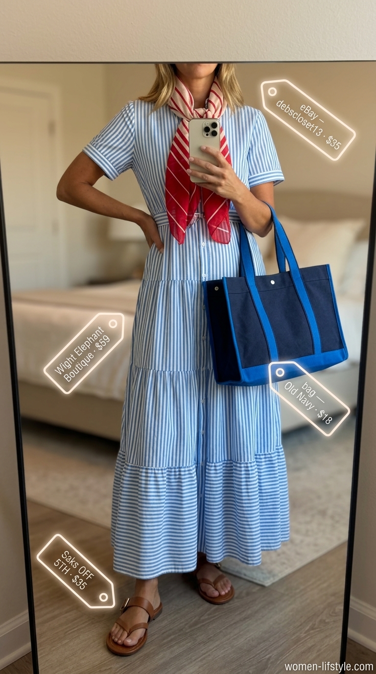 Nautical Maxi Dress 2026 | Seaside Vacation Style Nautical striped tiered summer flowy maxi dress 2026 for seaside vacation with canvas tote and leather slides.
