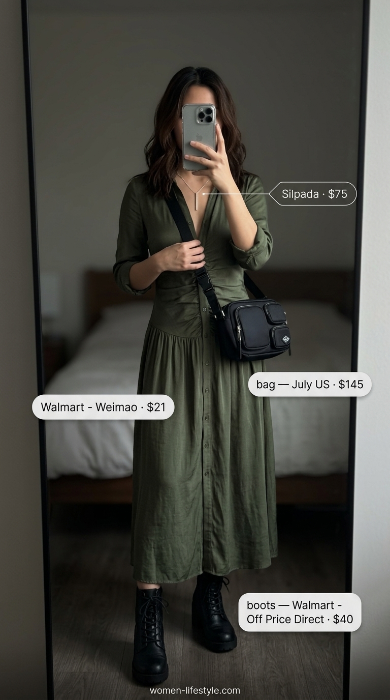 Olive Utility Tiered Maxi Dress 2026 Olive green utility tiered summer flowy maxi dress 2026 with combat boots and crossbody bag.