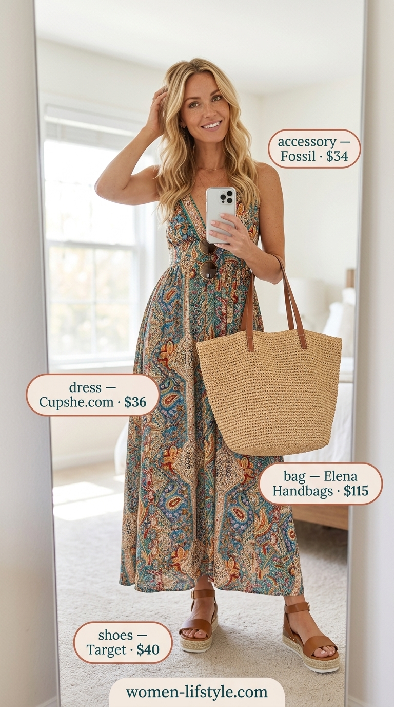 Paisley Maxi Dress 2026 | Vibrant Vacation Style Paisley print tiered summer flowy maxi dress 2026 for vacation sightseeing with espadrille sandals and straw tote.