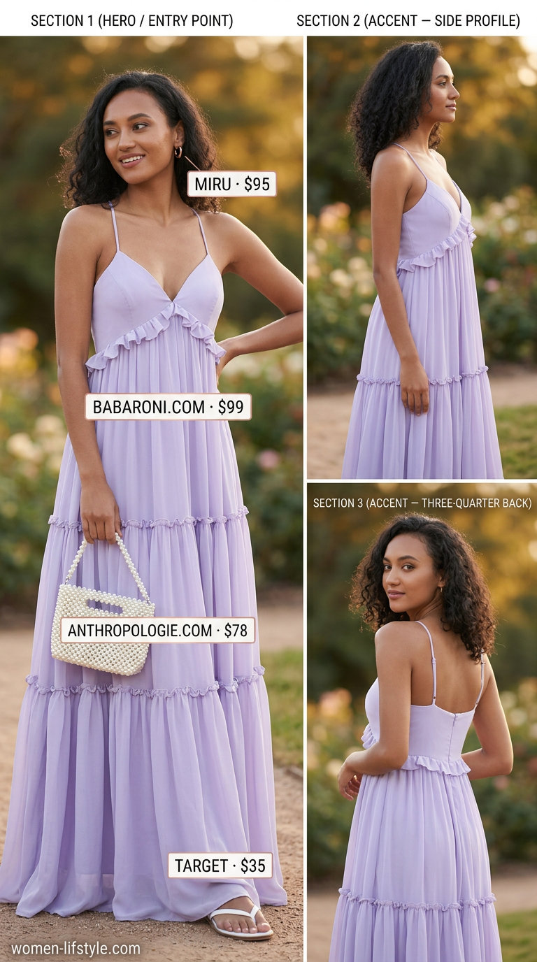 Romantic Lilac Maxi Dress 2026 Romantic lilac tiered summer flowy maxi dress 2026 for garden parties, paired with pearl crossbody and rose gold earrings.