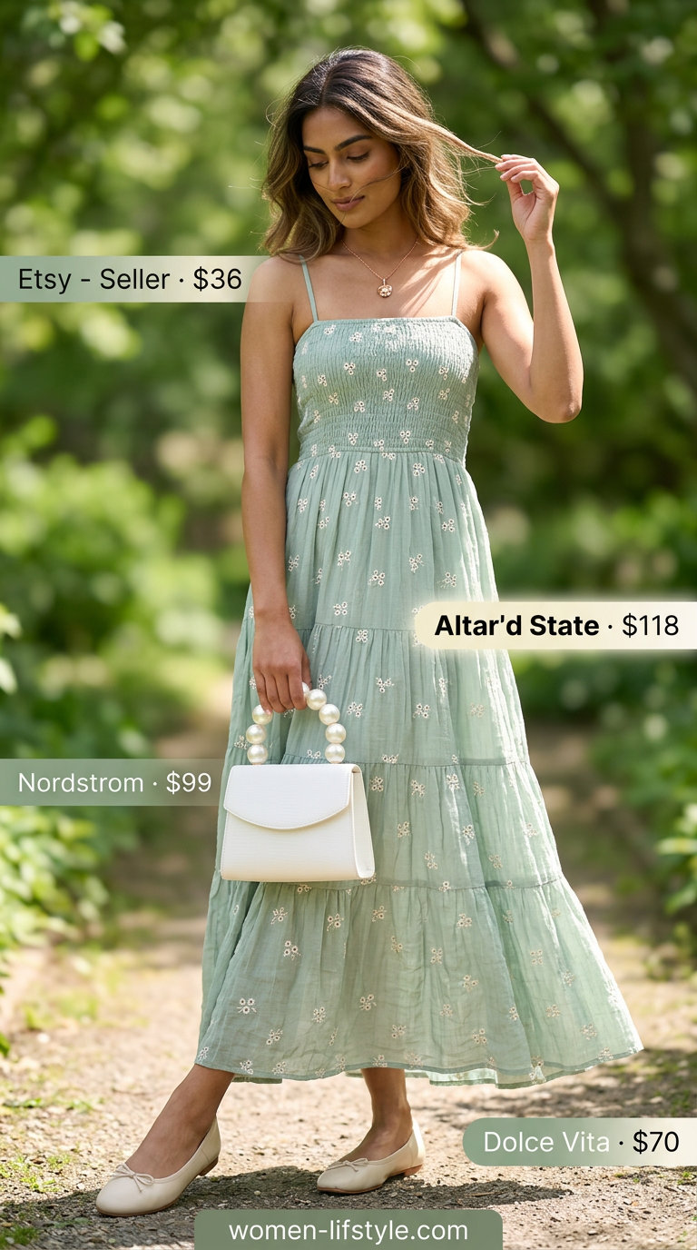 Pastel Mint Tiered Maxi Dress 2026 Pastel mint tiered summer flowy maxi dress 2026 for garden parties with ballet flats and top-handle bag.