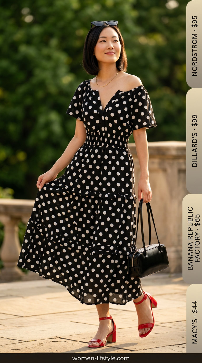 Retro Polka Dot Maxi Dress 2026 Playful retro polka dot tiered summer flowy maxi dress 2026, styled with red block heels and cat-eye sunglasses.