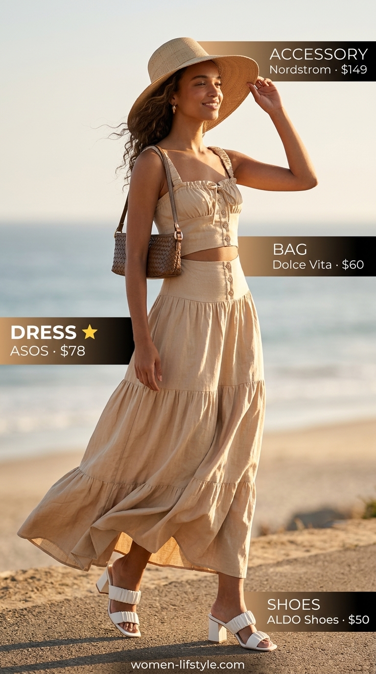 Beige Linen Tiered Maxi Dress 2026 Warm beige linen tiered summer flowy maxi dress 2026 with leather mules and straw hat.