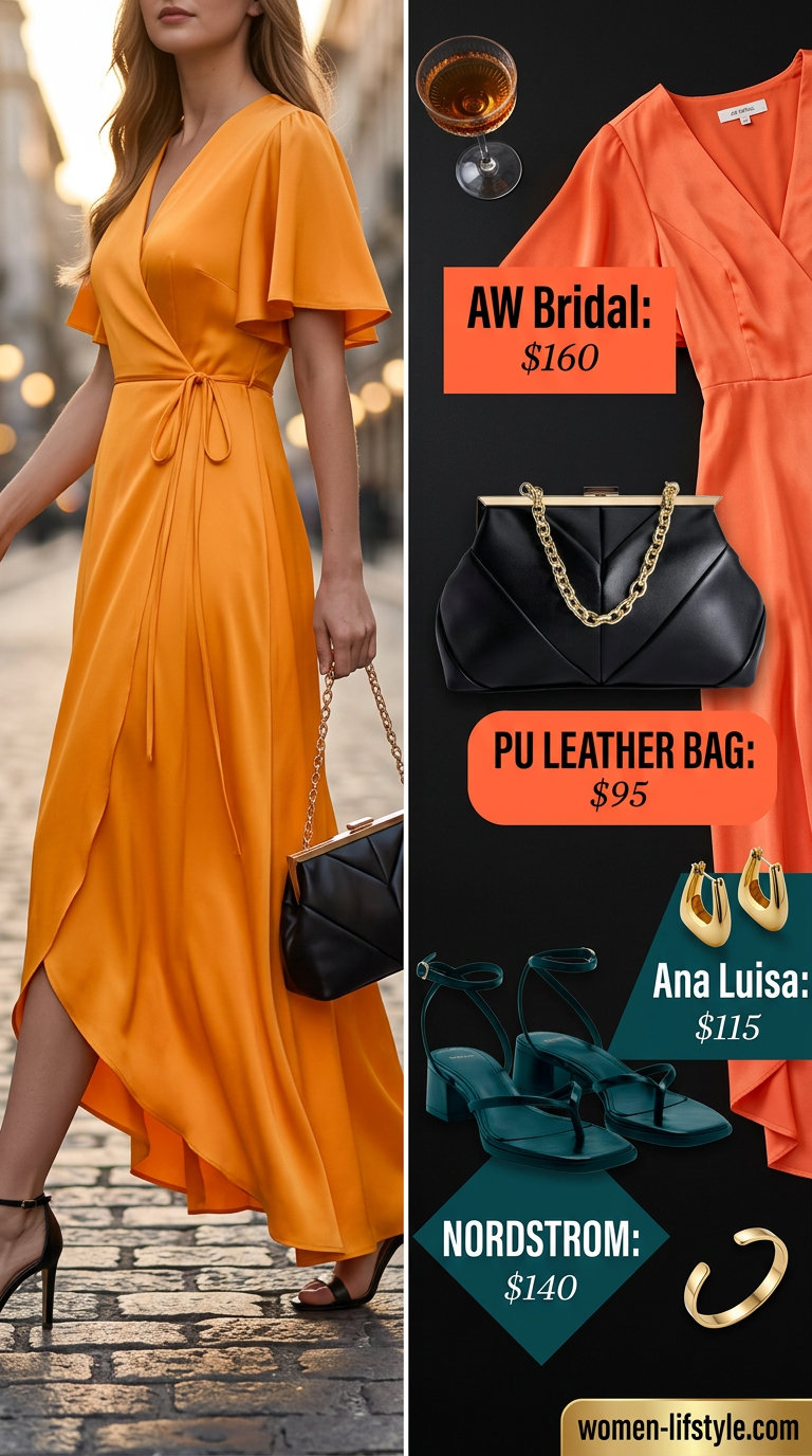 Vibrant Orange Wrap Maxi Dress 2026 Mango orange wrap tiered summer flowy maxi dress 2026 for evening events with heeled sandals.