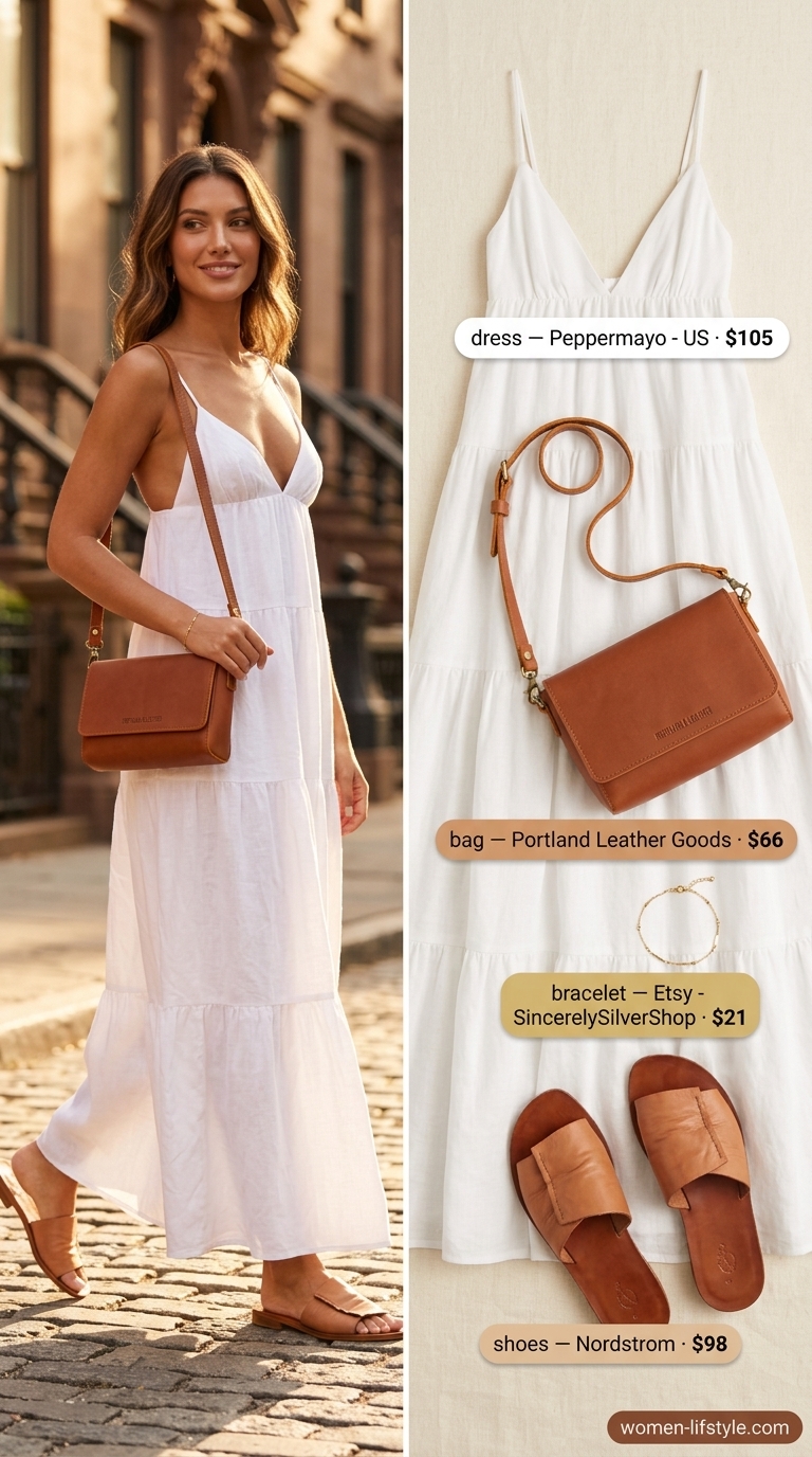 White Linen Maxi Dress 2026 | Chic Minimalist Style White linen tiered summer flowy maxi dress 2026 for chic day out with minimalist slides and crossbody bag.
