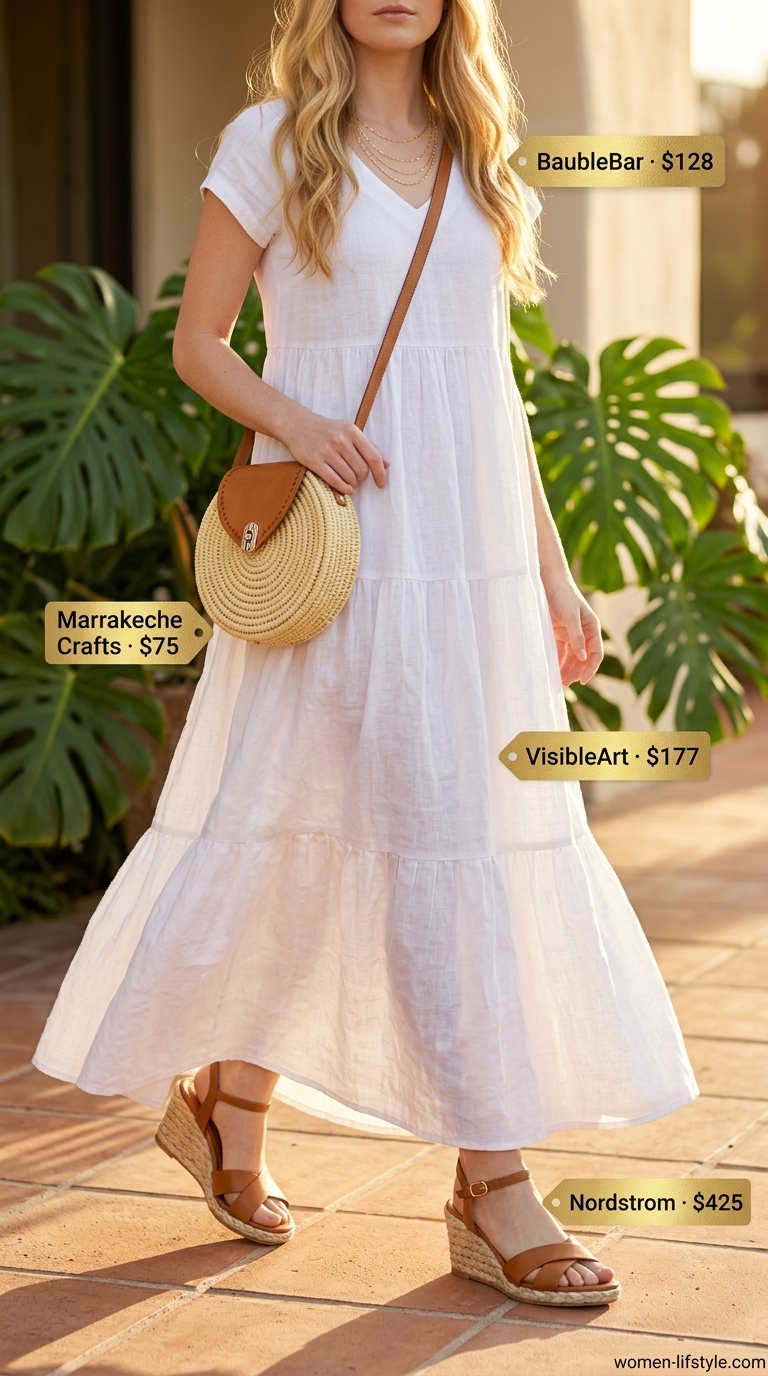 White Linen Maxi Dress 2026 | Chic Vacation Style White linen tiered summer flowy maxi dress 2026 for vacation with espadrille wedges and layered necklaces.