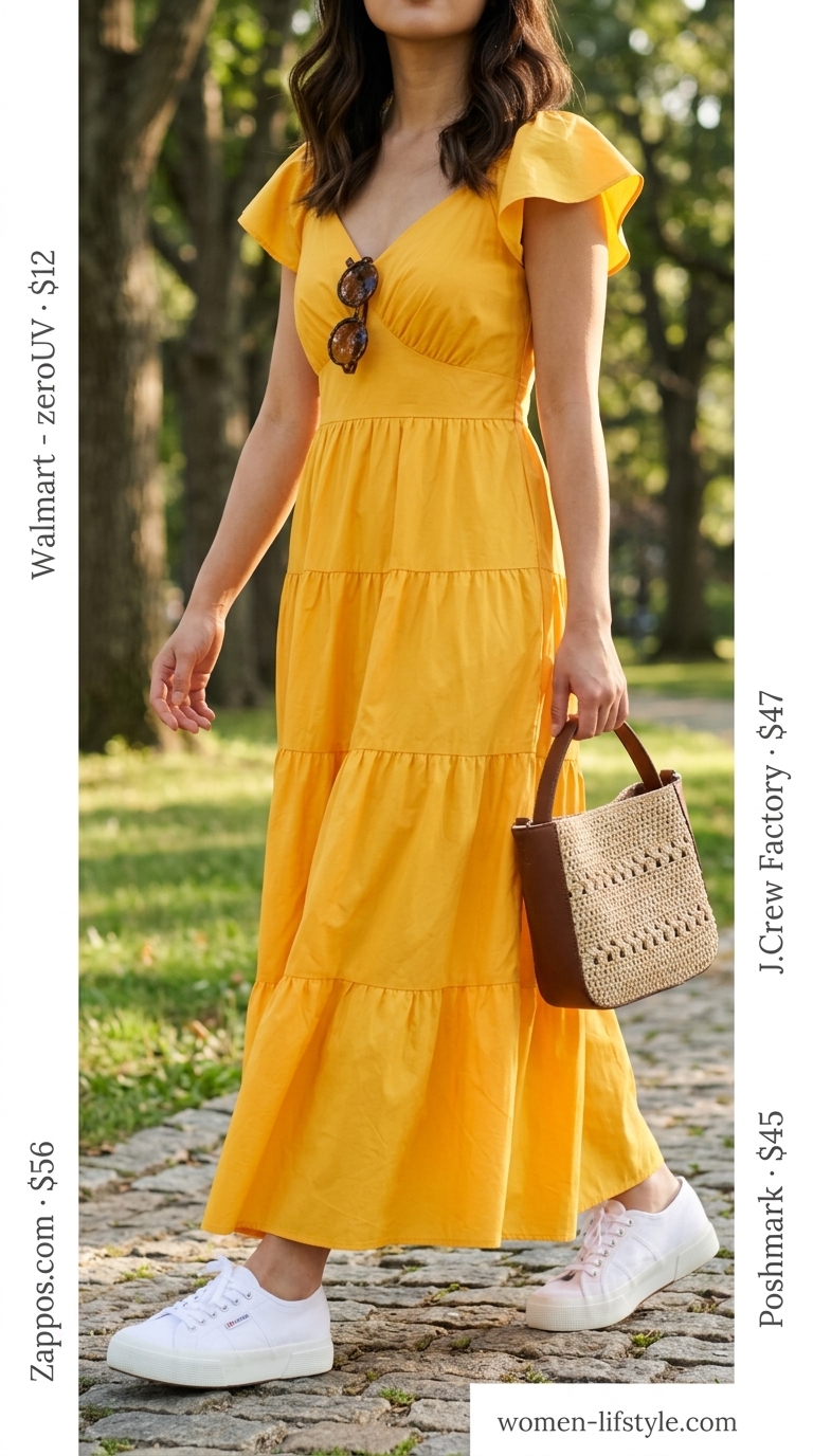 Yellow Maxi Dress 2026 | Cheerful Summer Brunch Sunny yellow tiered summer flowy maxi dress 2026 for casual brunch with canvas sneakers and straw bag.