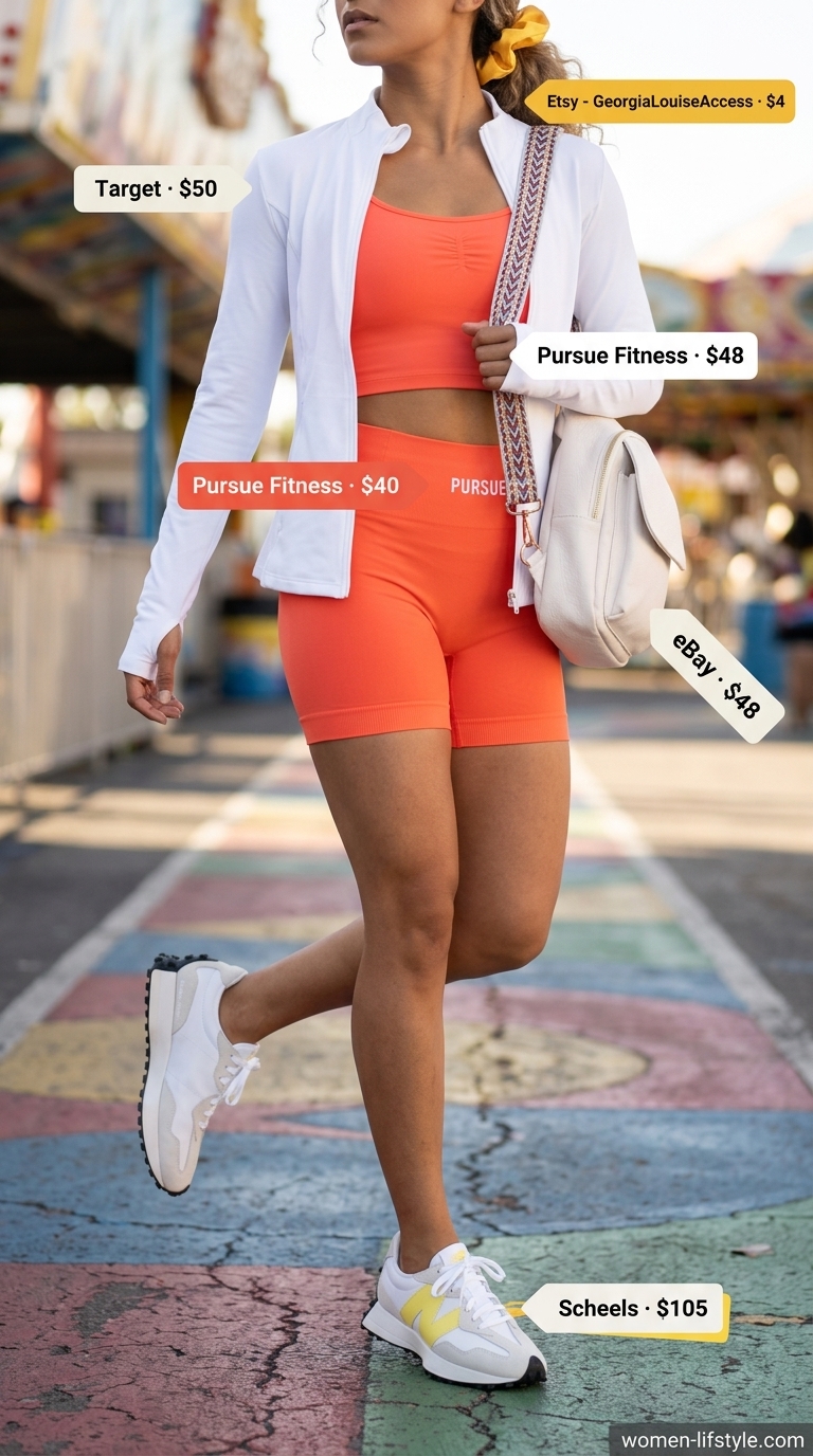 Trendy biker shorts outfits summer for women 2026: Coral biker shorts with matching crop top, white track jacket, and retro sneakers.