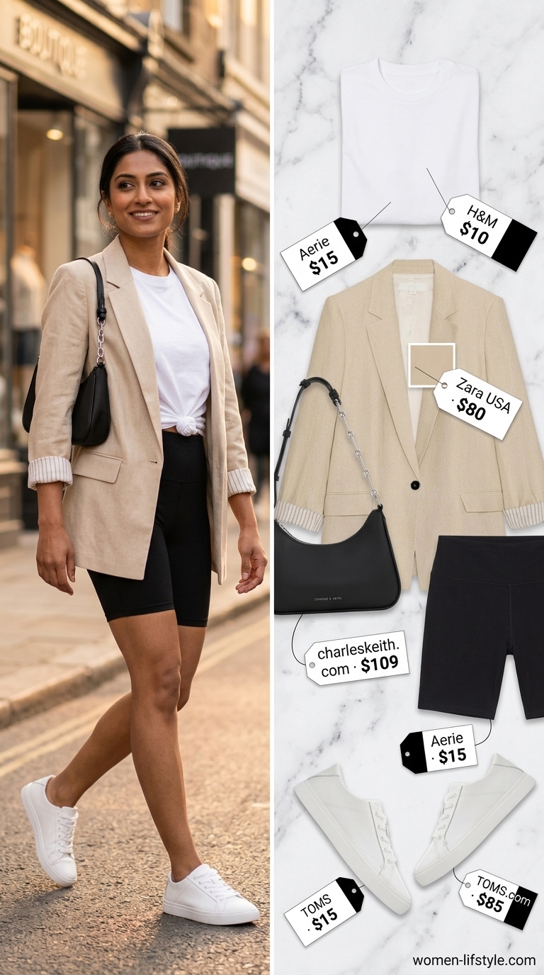 Elevated athleisure outfit with biker shorts, blazer, and sneakers for women 2026.