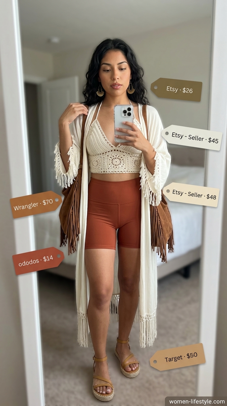 Trendy biker shorts outfits summer for women 2026: Terracotta biker shorts with crochet top & kimono.